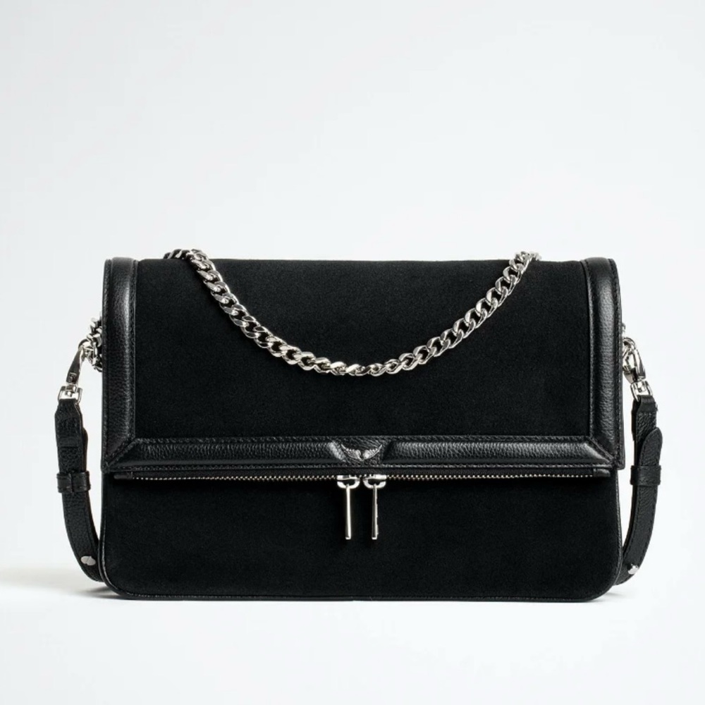 NEW Zadig & Voltaire Rock Novel Suede & Leather Shoulder Bag in Black